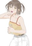  1girl absurdres alternate_costume black_hair brown_eyes camisole cowboy_shot highres jacket kantai_collection open_mouth round_teeth sendai_(kancolle) shorts simple_background solo sweat teeth two_side_up upper_teeth_only white_background white_shorts yellow_camisole yoshizawa_tamae 