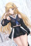  1girl alternate_costume black_choker black_shirt black_skirt blonde_hair blue_eyes blue_neckerchief breasts cartethyia_(wuthering_waves) choker closed_mouth clothing_cutout commentary_request dutch_angle earrings hair_ornament hand_up highres jewelry light_blush long_hair long_sleeves looking_at_viewer neckerchief outdoors parted_bangs pointy_ears sailor_collar shirt shoulder_cutout sidelocks skirt small_breasts solo sunameri_(pixiv3564245) tacet_mark_(wuthering_waves) thighs white_sailor_collar wuthering_waves 