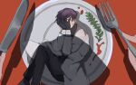  1boy black_gloves black_pants black_shirt butter_knife coat crying divewet3 fork full_body gloves lobotomy_corporation long_sleeves looking_at_viewer lying male_focus on_side pants plate project_moon purple_hair red_background shirt short_hair simple_background solo white_coat wide-eyed yellow_eyes yesod_(project_moon) 