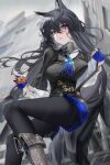  1girl absurdres alcohol animal_ears arknights black_hair black_jacket black_nails black_pantyhose black_vest blue_gloves blue_necktie blue_shorts blush breasts chromatic_aberration cup feet_out_of_frame fingerless_gloves gloves gradient_eyes highres holding holding_cup jacket long_hair long_sleeves looking_at_viewer mo_awanai multicolored_eyes necktie pantyhose pantyhose_under_shorts parted_lips shirt shorts solo texas_(arknights) texas_the_omertosa_(arknights) vest white_shirt wolf_ears 