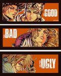  4boys absurdres artist_name bandana black_border blonde_hair blue_eyes border closed_mouth commentary copyright_name diego_brando english_commentary english_text funny_valentine green_eyes gyro_zeppeli hat henoopd highres horseshoe_ornament johnny_joestar jojo_no_kimyou_na_bouken long_hair looking_at_viewer looking_to_the_side medium_hair multiple_boys parted_lips photo-referenced portrait red_background scar scar_on_cheek scar_on_face sharp_teeth steel_ball_run teeth the_good_the_bad_and_the_ugly white_border 