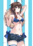  1girl bikini black_hair black_shorts blue_bikini blue_eyes braid breasts cleavage commentary_request cowboy_shot cutoffs denim denim_shorts front-tie_bikini_top front-tie_top hair_between_eyes hair_flaps hair_over_shoulder hat highres kantai_collection long_hair medium_breasts official_alternate_costume open_fly shigure_(kancolle) shigure_kai_san_(kancolle) shigure_kai_san_(swimsuit)_(kancolle) shorts side-tie_bikini_bottom single_braid solo straw_hat striped_background sugue_tettou swimsuit 