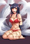  ahri animal_ears ball_gag bdsm black_hair bondage bound bra breasts cleavage collarbone facepaint fox_ears fox_tail gag gagged gradient gradient_background large_breasts league_of_legends lingerie long_hair looking_at_viewer multiple_tails navel panties red_background red_bra red_panties sitting solo spichis stomach tail underwear underwear_only very_long_hair yellow_eyes 