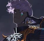  1boy black_gloves dark-skinned_male dark_skin dnstar_1019 earrings fate/grand_order fate_(series) floating_hair gloves highres indian_clothes indra_(fate) jewelry lightning_bolt_facial_mark looking_at_viewer male_focus purple_eyes purple_hair shirt short_hair solo 