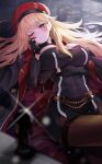  1girl ;) arm_under_breasts beret black_coat black_dress black_gloves blonde_hair blurry blurry_foreground blush breasts bright_pupils card checkered_coat chess_piece coat coat_on_shoulders commentary counter:side depth_of_field dress earrings furrowed_brow gambler_(counter:side) gloves hair_spread_out hand_on_own_cheek hand_on_own_face hat highres holding holding_chess_piece jewelry large_breasts light_particles long_hair long_sleeves looking_at_viewer lying on_back on_floor one_eye_closed pantyhose parted_lips pencil_dress purple_eyes red_hat single_earring smile solo sparkle two-sided_coat two-sided_fabric white_pupils yuki_(asayuki101) 