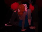  1boy 1girl apron black_hair black_nails blue_apron couple denim employee_uniform erin_ulmer final_destination_(movie) flower hand_on_another&#039;s_head highres ian_mckinley jeans kiss oddx pants pantyhose red_hair rose shoes sitting warner_bros. 