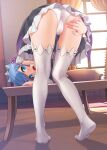  1girl :d absurdres armchair ass bent_over black_dress blue_eyes blue_hair blush cameltoe chair chinese_commentary commentary denhijou_niki dress english_commentary feet frilled_dress frills from_behind full_body hair_ribbon hairband hand_on_own_ass highres indoors legs lolita_hairband looking_at_viewer looking_back maid mixed-language_commentary no_shoes open_mouth paid_reward_available panties photoshop_(medium) presenting purple_ribbon re:zero_kara_hajimeru_isekai_seikatsu rem_(re:zero) ribbon roswaal_mansion_maid_uniform short_hair smile solo table thighhighs tiptoes trefoil underwear upskirt white_panties white_thighhighs window 