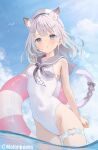  1girl akino_ell animal_ears black_sailor_collar blue_sky breasts cat_ears cat_girl cat_tail cloud covered_navel day grey_hair hair_ornament highres looking_at_viewer ocean one-piece_swimsuit original outdoors sailor_collar short_hair sky small_breasts solo swimsuit tail thigh_strap wading white_one-piece_swimsuit x_hair_ornament 