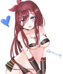  armor bikini black_bikini blue_eyes blush bow breasts brown_hair cosplay go-toubun_no_hanayome hair_bow heart highres japanese_armor large_breasts long_hair looking_at_viewer murakumo_(senran_kagura) nakano_miku nana_rid1 open_mouth swimsuit 