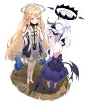  2girls absurdres bare_back bare_legs barefoot black_halo blonde_hair blue_archive braid breasts cartethyia_(wuthering_waves) commentary demon_girl demon_horns demon_wings dress earrings elbow_gloves evening_gown forehead_tattoo from_behind from_side full_body gloves green_eyes halo height_difference high_heels highres hina_(blue_archive) hina_(dress)_(blue_archive) horns jewelry lone_nape_hair long_hair looking_at_viewer looking_up midriff multiple_girls nape nauvvii necklace official_alternate_costume official_alternate_hairstyle pantyhose parted_bangs pointy_ears ponytail purple_dress purple_gloves purple_shoes shoes sidelocks simple_background single_braid small_breasts standing starry_sky_print strapless strapless_dress striped_clothes striped_pantyhose wavy_hair white_background wings wuthering_waves 