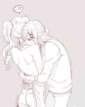  ! !? 2girls ? absurdres apron closed_eyes commentary_request covered_mouth cowboy_shot facing_another fingernails grey_background hair_ornament hair_ribbon hand_on_another&#039;s_shoulder hand_up head_on_another&#039;s_shoulder highres hug lamey20555281 lineart long_hair multiple_girls pants parted_bangs ponytail ribbon saijou_claudine shirt shoujo_kageki_revue_starlight simple_background spoken_exclamation_mark spoken_question_mark strap_lift striped_sleeve_cuffs tendou_maya three-quarter_sleeves wavy_hair x_hair_ornament yuri 