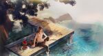 1boy abs absurdres ahoge barefoot black_hair black_pants blush brown_eyes brown_hair collarbone food fruit hair_ribbon highres knee_up korean_commentary leaf long_hair looking_at_viewer male_focus modao_zushi navel niken_(niken_ouo) nipples open_mouth outdoors pants pectorals pier plate ponytail red_ribbon ribbon river sidelocks sitting smile soaking_feet solo summer sword topless_male tree water water_drop watermelon watermelon_slice weapon wei_wuxian wet wet_face wet_hair wooden_sword 