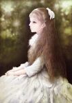  1girl blue_eyes brown_hair commentary_request copyright_request derivative_work dress expressionless fine_art_parody highres long_hair parody portrait solo white_dress yamada_satoshi 