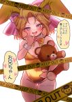  1girl absurdres animal_ear_hairband animal_ears blonde_hair blue_eyes bow bowtie breasts caution_tape commentary_request detached_collar fake_animal_ears fishnet_pantyhose fishnets gold_bowtie gold_leotard hair_bow hairband highres hikaru_na_pori-tan iris_chateaubriand leotard looking_at_viewer pantyhose pink_bow playboy_bunny rabbit_ears sakura_taisen short_hair small_breasts solo strapless strapless_leotard stuffed_animal stuffed_toy teddy_bear translation_request wrist_cuffs 