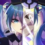  1girl 1other absurdres aqua_eyes aqua_hair dragon dragon_miku_(project_voltage) hair_between_eyes hatsune_miku highres holding holding_sword holding_weapon miraidon official_alternate_costume official_alternate_hairstyle open_mouth poke_ball_symbol pokemon project_voltage reflection stellaxin2611 sword twintails twitter_username vocaloid weapon 