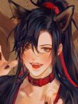  1boy ahoge androgynous animal_collar animal_ears bishounen black_hair black_hanfu black_nails blush chinese_clothes claw_pose collar collarbone eyelashes fangs fingernails fox_boy fox_ears fox_tail grey_eyes hair_ribbon hands_up hanfu high_ponytail kemonomimi_mode korean_commentary long_hair looking_at_viewer male_focus modao_zushi nail_polish niken_(niken_ouo) open_mouth ponytail portrait red_collar red_ribbon ribbon sharp_fingernails sidelocks smile solo tail tongue wei_wuxian 