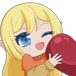  1girl ;d blonde_hair blue_eyes chibi commission commissioner_upload dress elf emoji emoticon heart holding holding_heart layered_sleeves long_hair long_sleeves looking_at_viewer lotte_farona low_resolution lowres official_art one_eye_closed open_mouth pointy_ears selinanovalight smile solo valentine ways_of_darkness_(series) 