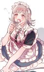  1girl absurdres alternate_hair_ornament breasts brown_hair danganronpa_(series) danganronpa_2:_goodbye_despair flipped_hair food fork hair_ornament highres holding holding_fork looking_at_viewer maid maid_headdress medium_hair momo_inaz nanami_chiaki pink_ribbon puffy_short_sleeves puffy_sleeves ribbon short_sleeves solo triangle_hair_ornament 