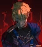  1boy absurdres belt belt_buckle black_shirt blonde_hair blood blood_on_face blue_belt blue_cape blue_eyes buckle cape chest_belt commentary curtained_hair dimitri_alexandre_blaiddyd english_commentary fire_emblem fire_emblem:_three_houses garreg_mach_monastery_uniform highres male_focus school_uniform shirt side_cape smile solo teeth upper_body viria13 