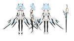  1girl absurdres arms_at_sides black_gloves blue_hair breasts elbow_gloves flat_color from_behind from_side full_body gloves highres looking_at_viewer low_wings mechanical_wings medium_hair multiple_views mytea_(soso) original red_eyes reference_sheet science_fiction sideboob small_breasts solo standing sword tabard thighhighs two_side_up vambraces weapon white_background wings 