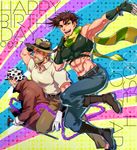  abs anz boots brown_footwear brown_hair cane coat crop_top fingerless_gloves glasses gloves green_eyes grey_hair hat hermit_purple jojo_no_kimyou_na_bouken joseph_joestar joseph_joestar_(young) male_focus midriff multiple_boys multiple_persona muscle polo_shirt scarf stand_(jojo) white_gloves 