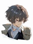  bandaged_neck bandages bandaid bandaid_on_neck black_vest brown_coat brown_eyes brown_hair bungou_stray_dogs closed_mouth coat coat_on_shoulders collared_shirt cropped_shoulders dazai_osamu_(bungou_stray_dogs) hair_between_eyes highres hrak_mumi looking_to_the_side nose portrait shirt short_hair smile solo vest white_shirt 