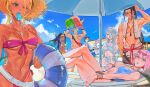  2boys 5girls a.k.i._(street_fighter) absurdres aqua_hair arms_up bag beach beach_chair beach_umbrella belt bikini black_hair blonde_hair cammy_white chest_tattoo chun-li colored_tips cropped_jacket eyewear_on_head facial_mark food food_in_mouth forehead_mark hat highleg highleg_one-piece_swimsuit highres holding holding_swim_ring holding_tray jacket jamie_siu jewelry kimberly_jackson looking_at_viewer loose_belt luke_sullivan lying male_swimwear manon_legrand multicolored_hair multiple_boys multiple_girls muscular muscular_male necklace official_alternate_costume official_alternate_hairstyle on_back one-piece_swimsuit open_clothes open_vest pink_bikini pink_hair popsicle popsicle_in_mouth satchel si_(sitisi_28) strapless strapless_bikini straw_hat street_fighter street_fighter_6 sunglasses swim_ring swim_trunks swimsuit tan tanlines tattoo toned toned_female tray umbrella vest yellow_bikini 