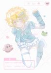  1boy absurdres alternate_costume aotu_world blonde_hair blue_arm_warmers blue_eyes blue_leg_warmers blue_serafuku blush chinese_commentary chinese_text crossdressing dialogue_box dialogue_options fake_screenshot fingerless_gloves full_body gloves hair_between_eyes hair_ornament hairclip hand_up heart highres king_(aotu_world) kirby kirby_(series) leg_warmers lofter_username looking_at_viewer male_focus pleated_skirt plutoray pointy_ears school_uniform serafuku shoes short_hair skirt solo star_(symbol) thighhighs trap white_shoes white_skirt white_thighhighs 