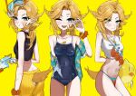  1girl absurdres ahoge ass ass_cutout bikini bird bird_tail black_shirt blonde_hair blush breasts butt_crack clothing_cutout crop_top cross_scar dokibird_(vtuber) dokibird_(vtuber)_(summer) dragoon_(dokibird) ear_piercing earrings fang feather_hair from_behind goggles goggles_on_head green_eyes hair_tie hawaiian_shirt highres holding holding_water_gun indie_virtual_youtuber jewelry long_hair looking_at_viewer looking_back low_side_ponytail midriff mont_pha multiple_views navel necklace one-piece_swimsuit one_eye_closed orange_scrunchie piercing pointy_ears ponytail pout scar scar_on_arm scrunchie shirt shorts simple_background sleeveless sleeveless_shirt smile snorkel sweatdrop swim_goggles swimsuit tail tail_through_clothes virtual_youtuber water_balloon water_gun white_shirt wrist_scrunchie yellow_background yellow_bird yellow_shorts 