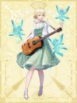  1girl :d acoustic_guitar blonde_hair cardigan chain_paradox dress dress_shirt fairy full_body green_dress green_eyes guitar hair_between_eyes hair_bun holding holding_instrument instrument long_sleeves looking_at_another looking_to_the_side medium_dress mini_person minigirl open_cardigan open_clothes patterned_clothing pinafore_dress print_dress sandals scallgo shirt sidelocks single_hair_bun size_difference sleeveless sleeveless_dress sleeveless_shirt smile solo_focus standing white_cardigan white_sandals white_shirt yellow_background 