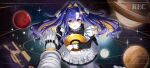  1girl 1other :d apron astronaut black_dress black_hairband blonde_hair blue_eyes blue_hair colored_inner_hair cowboy_shot dress floating_hair frilled_apron frills hair_intakes hair_ornament hairband highres holding_record kuramoto_beta-carotene long_hair multicolored_hair open_mouth outstretched_arm palms_together pantyhose planet pov pov_hands recording reverse:1999 school_uniform short_dress smile soviet_school_uniform space spacesuit star_(sky) star_(symbol) star_hair_ornament starry_sky_background very_long_hair voyager_(reverse:1999) voyager_golden_record white_apron white_pantyhose 