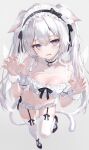  1girl absurdres animal_ear_fluff animal_ears bare_shoulders black_bow blue_eyes blush bow breasts cleavage cleavage_cutout clothing_cutout collar cropped_shirt garter_straps hair_between_eyes hair_ornament headdress high_heels highres long_hair looking_at_viewer medium_breasts mihasu miniskirt navel original purple_eyes shirt sidelocks simple_background skirt solo stomach tail thighhighs white_background white_hair white_skirt white_thighhighs wrist_cuffs 