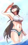  1girl absurdres alternate_costume bikini blue_sky breasts green_bikini grey_hair highres honkai_(series) honkai_impact_3rd large_breasts long_hair mismatched_bikini navel outdoors purple_eyes sky solo stomach swimsuit thatwasjack tongue tongue_out very_long_hair vita_(honkai_impact) wading wet white_bikini 