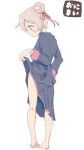  1girl absurdres bare_legs barefoot black_jacket black_skirt blush brown_eyes clothes_lift commentary copyright_name double_bun from_behind hair_bun hair_ribbon highres jacket jibijibipen kneepits lifting_own_clothes long_sleeves looking_down onii-chan_wa_oshimai! oyama_mahiro panties panty_peek pigeon-toed red_ribbon ribbon simple_background skirt skirt_lift solo standing underwear white_background white_panties 