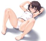 1girl arms_up bare_arms bare_legs barefoot blush breasts brown_eyes brown_hair cameltoe camisole commentary_request dd_(ijigendd) feet hand_in_own_hair highres looking_at_viewer lying navel on_back open_mouth original panties shadow short_hair simple_background small_breasts solo thighs toes underwear white_background white_camisole white_panties 