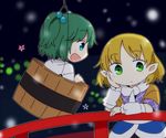  arm_support arm_warmers blonde_hair blue_eyes bucket green_eyes green_hair hair_bobbles hair_ornament hand_on_own_cheek in_bucket in_container japanese_clothes kimono kisume mizuhashi_parsee multiple_girls open_mouth pointy_ears railing sash shirt short_sleeves skirt smile touhou twintails wooden_bucket yamabuki_(yusuraume) yukata 