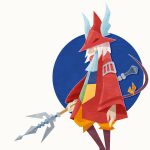  1girl animal_ears ascot coat final_fantasy final_fantasy_ix freija_crescent hat hat_over_eyes highres holding holding_polearm holding_weapon mouse_ears mouse_girl mouse_tail orange_pants pants polearm red_coat red_hat rikdrawsthings solo tail trident weapon white_hair 