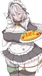  1girl absurdres alternate_costume apron azuki_(ne_4zk) black_dress black_thighhighs blush breasts cleavage dress enmaided fate/grand_order fate_(series) food green_hair grey_eyes hair_between_eyes highres huyan_zhuo_(fate) huyan_zhuo_(fgo_fes._2025)_(fate) large_breasts long_hair looking_at_viewer maid maid_headdress multicolored_hair official_alternate_costume omelet open_mouth plate puffy_short_sleeves puffy_sleeves short_sleeves skindentation solo streaked_hair thick_thighs thighhighs thighs very_long_hair waist_apron white_apron white_hair wrist_cuffs 