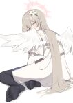  1girl absurdres black_pantyhose blue_archive blush brown_eyes brown_hair chest_harness commentary_request dress feathered_wings flower furrowed_brow hair_flower hair_ornament halo harness highres long_hair looking_at_viewer looking_back nagisa_(blue_archive) pantyhose queensalmon221 sailor_collar simple_background sitting solo very_long_hair white_background white_dress white_sailor_collar white_wings wings 