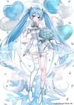 1girl ahoge aqua_eyes aqua_hair asymmetrical_legwear ballet_dress ballet_slippers balloon bare_shoulders blush bouquet bow breasts collarbone commentary dress grey_bow hair_between_eyes hair_ornament hatsune_miku heart_balloon highres holding holding_bouquet looking_at_viewer medium_breasts miku_symphony_(vocaloid) noneon319 official_alternate_costume official_alternate_hairstyle open_mouth simple_background smile snowflakes solo strapless strapless_dress thighhighs vocaloid white_background white_thighhighs 