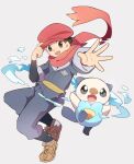  1boy :d black_socks brown_eyes brown_hair brown_shoes commentary_request full_body grey_background grey_eyes grey_jacket grey_pants hat highres jacket layered_sleeves long_sleeves male_focus open_mouth oshawott outstretched_arm pants pokemon pokemon_(creature) pokemon_legends:_arceus red_hat red_scarf rei_(pokemon) scarf shoes short_hair short_over_long_sleeves short_sleeves simple_background smile socks water yupo_0322 
