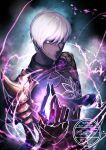  152_in_can 1boy armor beckoning black_sclera black_shirt colored_sclera colored_skin dark-skinned_male dark_skin fate/grand_order fate_(series) floral_print glowing glowing_hand grey_eyes grey_skin highres indian_clothes indra_(fate) lightning_bolt_facial_mark looking_at_viewer male_focus outstretched_arm partially_shaded_face pauldrons reaching reaching_towards_viewer shadow shirt short_hair shoulder_armor single_pauldron smile solo watermark 