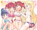  4girls bikini birthday blonde_hair blue_hair blush bow breasts company_connection hair_bun hair_ornament hairclip happy_birthday highres kin-iro_mosaic koisuru_asteroid kujou_karen long_hair looking_at_viewer manga_time_kirara multiple_girls one_eye_closed open_mouth purple_eyes red_eyes red_hair sakurai_chikage sakurai_mikage shima_rin single_hair_bun smile swimsuit takecho touyama_nao union_jack union_jack_bikini very_long_hair voice_actor_connection x_hair_ornament yurucamp 
