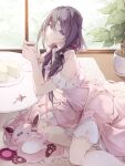  1girl absurdres asahi_tsujino azki_(7th_costume)_(hololive) azki_(hololive) black_hair closed_mouth commentary_request cup day double-parted_bangs dress hair_between_eyes hair_over_shoulder highres hololive indoors layered_dress long_hair looking_at_viewer low_twintails multicolored_hair off-shoulder_dress off_shoulder official_alternate_costume official_alternate_hairstyle pink_dress pink_hair pioneer_(azki) plant potted_plant purple_eyes purple_hair short_dress sitting smile solo streaked_hair twintails virtual_youtuber white_dress 