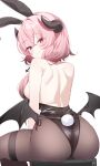  1girl animal_ear_hairband animal_ears ass back backless_leotard bare_shoulders bernina_(stella_sora) black_leotard black_wings breasts closed_mouth commentary crossed_bangs demon_girl demon_horns deyui double-parted_bangs fake_animal_ears fishnets hair_between_eyes hair_over_shoulder hairband highres horns large_breasts leotard long_hair looking_at_viewer looking_back low_wings median_furrow on_stool pink_eyes pink_hair playboy_bunny rabbit_ear_hairband rabbit_ears rabbit_tail shoulder_blades side-tie_leotard sidelocks simple_background sitting smile solo stella_sora strapless strapless_leotard tail thigh_strap white_background wings 
