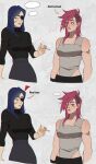  2girls absurdres arcane:_league_of_legends black_shirt black_skirt blue_hair caitlyn_(league_of_legends) cigarette eyepatch highres league_of_legends looking_at_breasts multiple_girls omy-chan pink_hair shirt skirt smoking tattoo undercut vi_(league_of_legends) yuri 