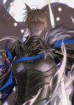  1boy absurdres animal_ears arknights armor black_armor blonde_hair blue_ribbon breastplate commentary_request ephemeral_vii grey_fur highres horse_boy horse_ears looking_at_viewer male_focus mlynar_(arknights) mlynar_(roar_against_the_wild)_(arknights) official_alternate_costume parted_bangs parted_lips pauldrons ribbon shoulder_armor smoke solo upper_body yellow_eyes 