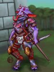 4_eyes animal_genitalia anthro armor balls bodily_fluids bovid breastplate caprine clothed clothing crotch_window datura-art datura_(datura-art) demon female forked_tongue fully_sheathed fur genital_fluids genitals goat gynomorph hi_res holding_object holding_weapon horn hybrid intersex knight mammal melee_weapon multi_eye mythological_creature mythology open_mouth penis piercing precum scabbard sheath solo sword tongue tongue_out warrior weapon