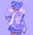  artist_name backpack bag blunt_bangs carton cloud commentary constellation constellation_print cowboy_shot crescent crescent_moon crescent_print dark-skinned_female dark_skin double_bun drink earrings emily_kim english_commentary from_behind gradient_hair hair_bun halftone halo highres holding holding_carton holding_drink jacket jewelry liquid long_sleeves monochrome moon multicolored_hair multicolored_jacket original patterned_hair planet planet_earrings planet_print planetary_ring pleated_skirt purple_background purple_clouds purple_halo purple_jacket purple_skirt purple_theme saturn_(planet) simple_background skirt solo standing star_(symbol) two-tone_jacket 