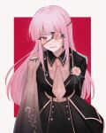  1girl alternate_costume belt black_coat black_skirt border boutonniere cape closed_mouth coat epaulettes eyepatch flower flower_eyepatch gradient_cape happy_(yppah1060) highres hololive hololive_english light_blush long_hair looking_at_viewer mori_calliope necktie one_eye_covered pink_belt pink_cape pink_eyes pink_flower pink_hair pink_necktie pink_trim red_background side_cape skirt solo straight-on upper_body virtual_youtuber white_border wispy_bangs 